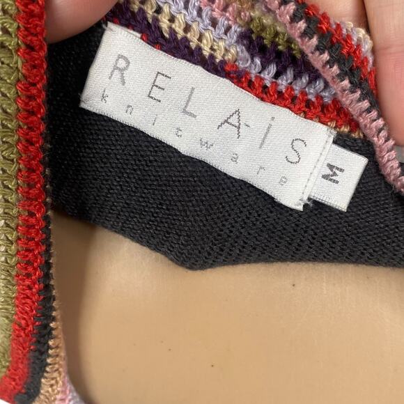 Vtg Y2K Relais Gray Colorful Crochet Stitch Elbow Patch Cardigan SZ M - Picture 8 of 9